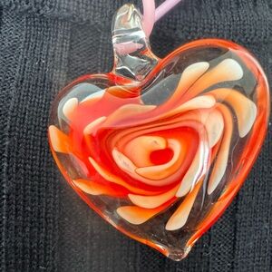 Glass Large Heart Pendant Necklace Double Sided Red White Necklace  Italy Murano